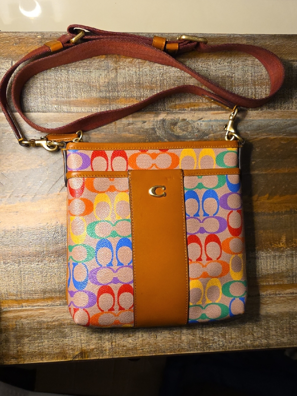 Coach Rainbow Signature Crossbody Bag with Saddle Trim